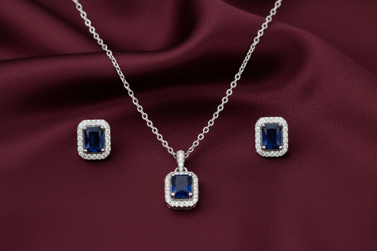 Blue Emerald-Cut Pendant and Earring Set